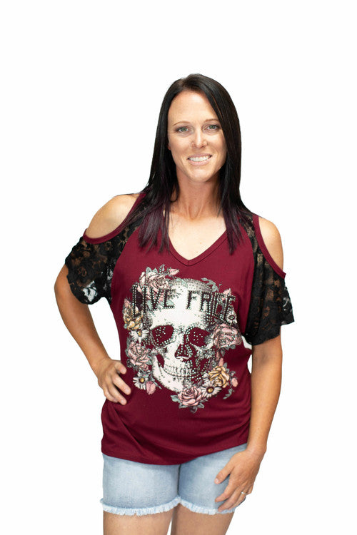 7652 BS USA "Live Free" rhinestones with lace and open shoulders